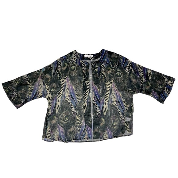 TRAVELSMITH Semi Sheer Open Front Peacock Feather Print Cardigan Women's Size 1X - Picture 8 of 16